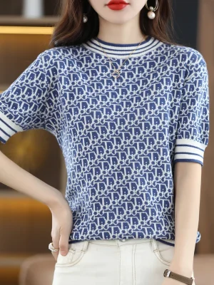 Cotton T-shirt Sweater O-neck Half Sleeve Retro Jacquard Knit