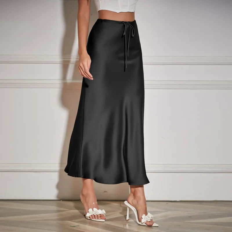 Summer Solid Color Satin Long Skirt For Women High Waist Lace-Up Fashion - Image 4
