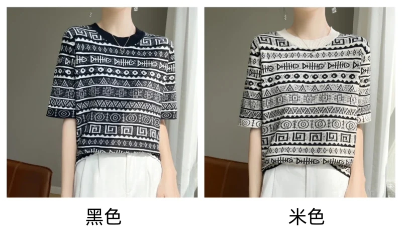 Cotton T-shirt Sweater Spring Summer O-neck Half Sleeve Retro - Image 5