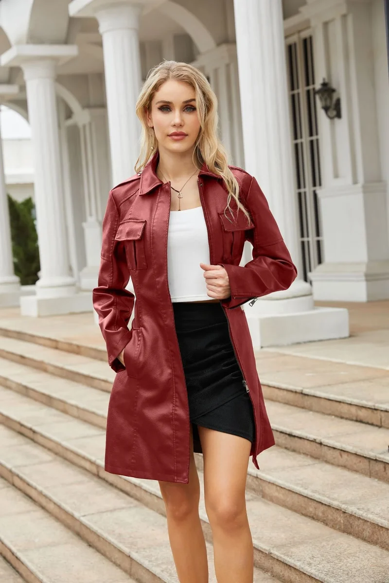 Long Leather Jacket With Belt For Women 2024 - Image 14