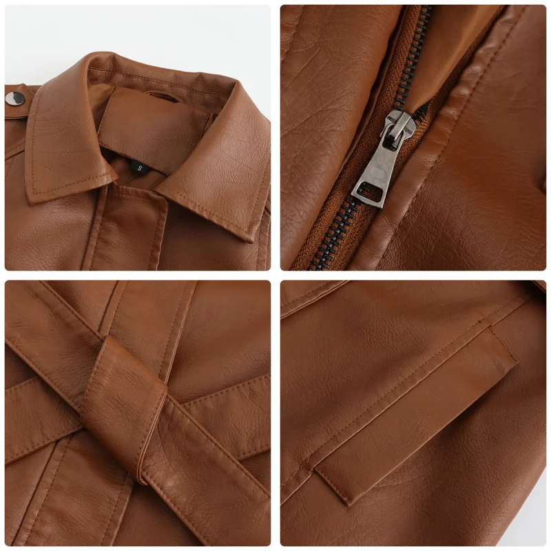 Long Leather Jacket With Belt For Women 2024 - Image 17