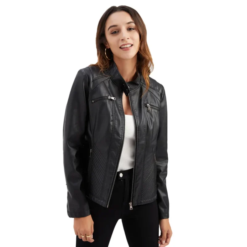 Leather Jacket Fashion Casual Streetwear Coats Office Lady - Image 4