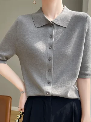 Polo Collar Short Sleeve Cardigan Female Casual Slim Sweater