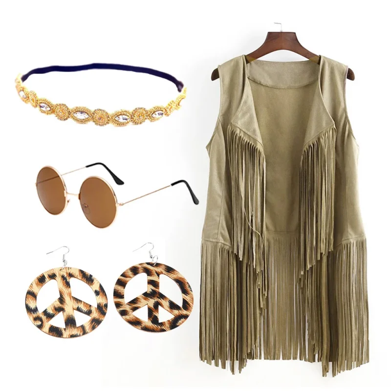 5 Piece Set Hippie Clothes Party Attire Suede Sleeveless Tassel Cardigan Vest - Image 10