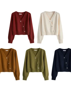 Skew Button Cardigan V-neck Sweater Women Knitted Long Sleeve Tops