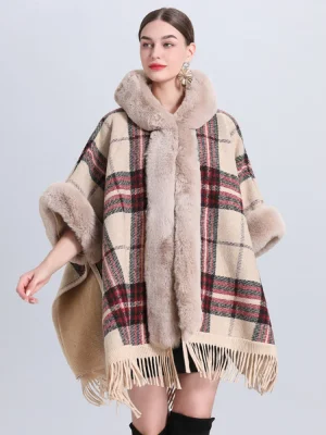 Festive Christmas Winter Fur Collar Plaid Thick Poncho Women Fashion