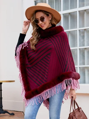 Women’s Clothing Fur Collar Pullover Tassel Ponchos Ladies Loose Casual Shawl Over Coats