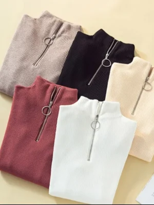 Knitted Women Zipper Half High Neck Sweater Pullovers