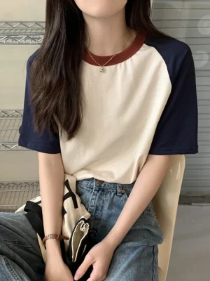 Women T-Shirt Turn Down Collar Short Sleeve Beige Blue