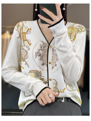 Silk Wool Splicing Knitt Cardigan Women’s Wide V-Neck Coat