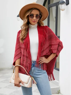 Women Fashion Striped Tassel Ponchos Batwing Sleeve Loose Shawl Over Coats