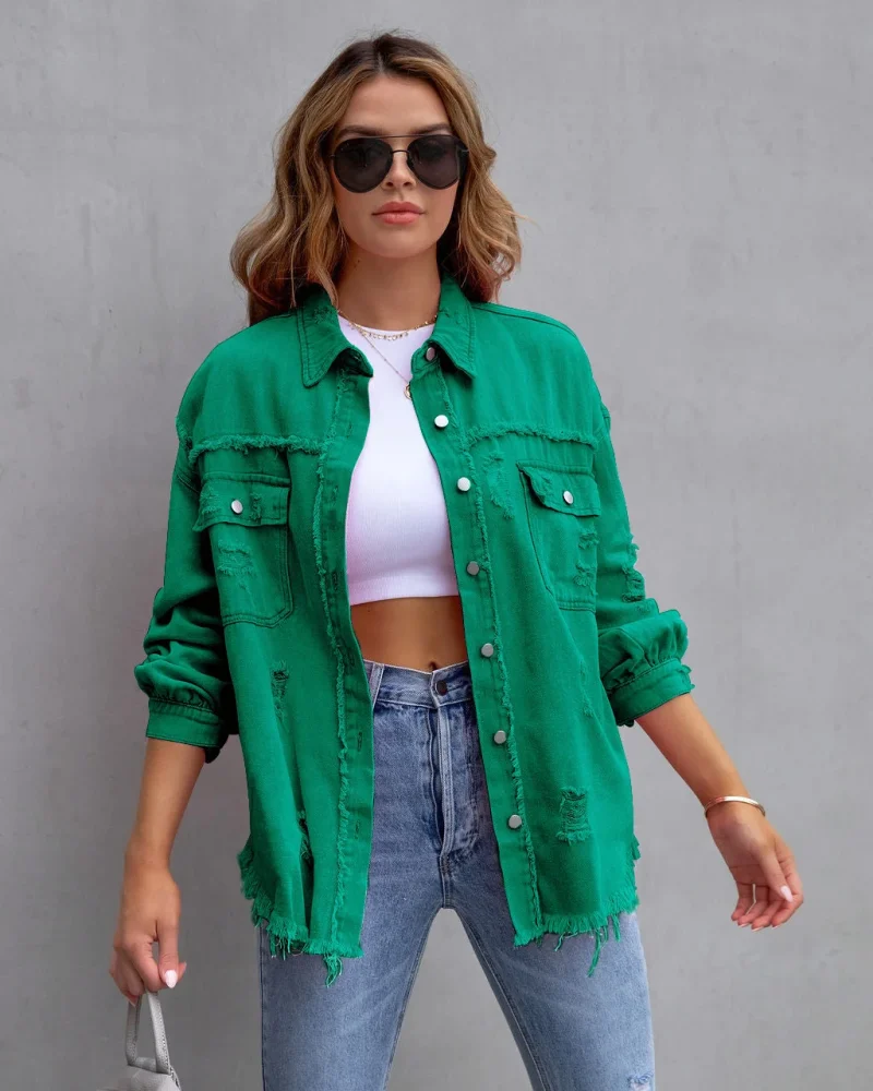 Loose Long Denim Jacket With Torn Holes Women Streetwear - Image 7