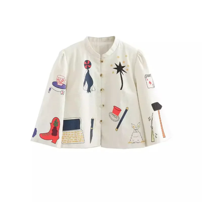 Women's Simple Standing Neck Long sleeved Printed Single breasted Jacket Coat - Image 3