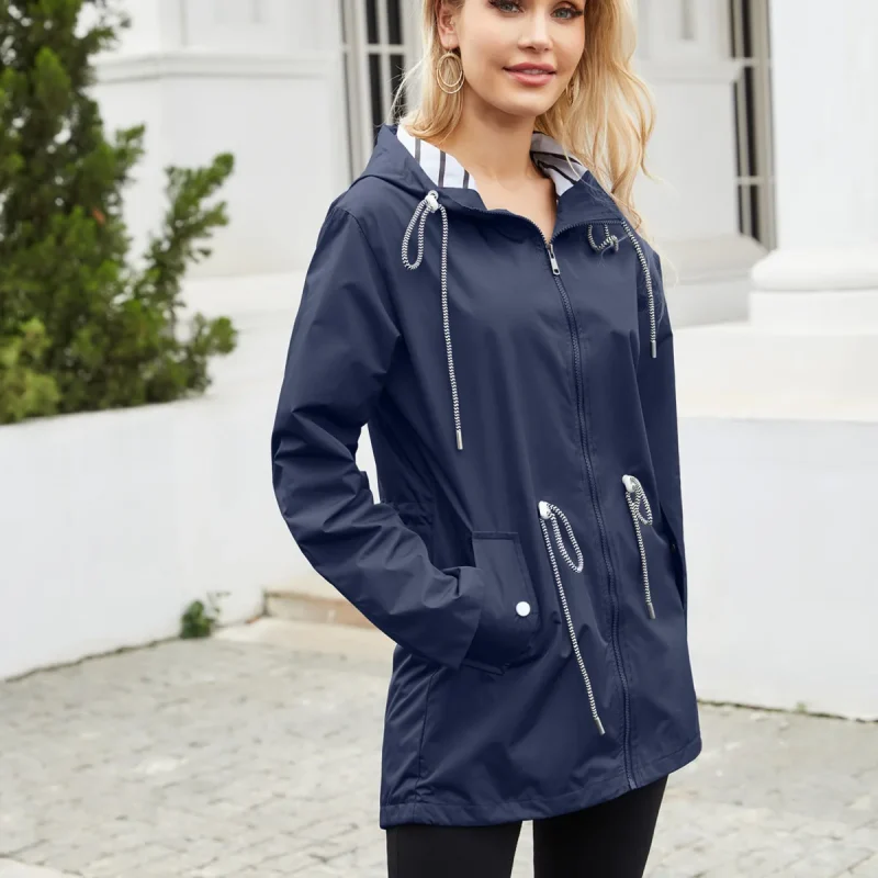 Women Outdoors Windbreaker Coat Black Raincoat Fall Long Sleeve Jackets - Image 7