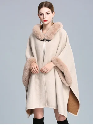 Rabbit Fur Collar Hooded Shawl Cloak Women Wool Blends Coat Tweed Jacket