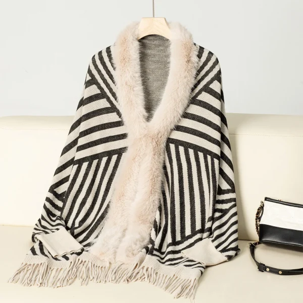 Fur Striped Poncho Cardigan Office Lady Batwing Sleeve Cape Knitted Shawl Sweaters - Image 9