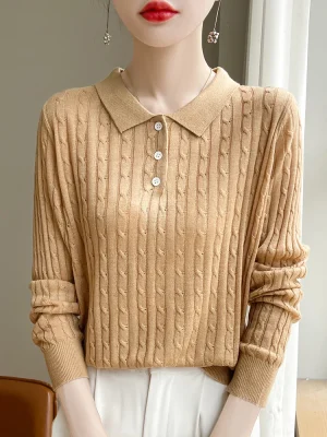 Women Polo Collar Twisted Flower Pullover Merino Wool Sweater