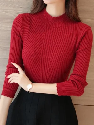 Women Mock Neck Ruffles Sweater Long Sleeve Knitted Bottoming Solid