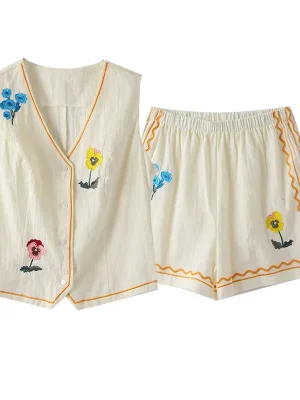 Beach Embroidery Vest Shorts Set Women Flower V-neck