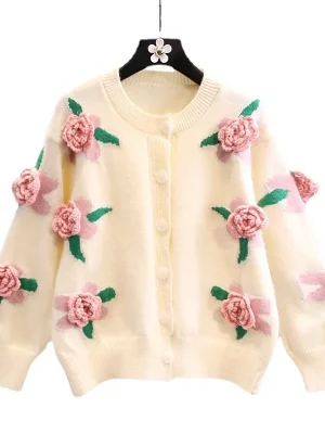 Korean Fashion Three Simensional Flower Knitted Cardigan