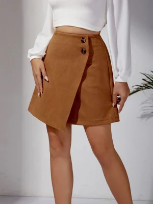 Winter Suede Irregular Skirt Solid Color High Waist Zipper Button