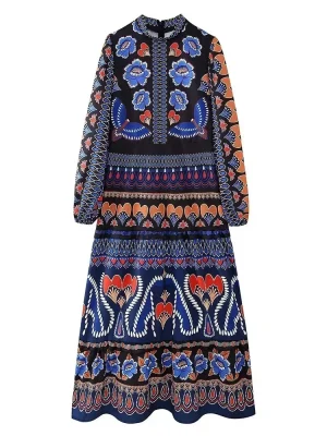 Vintage Print Dress Women Elegant Fashion Long Sleeves Soft Chic