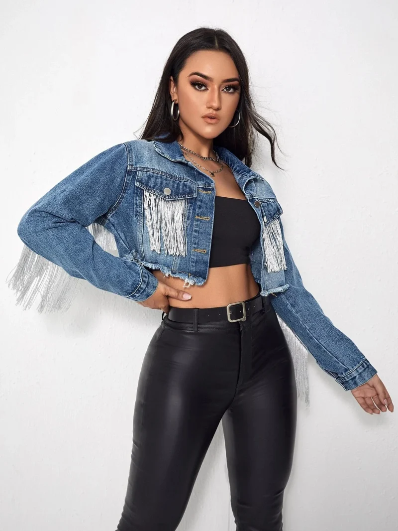 Streetwear Tassel Short Denim Jacket Women 2024 - Image 11