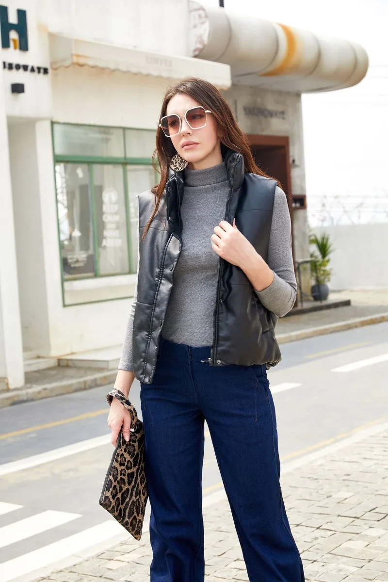 Winter Pu Leather Vest Cotton Coat Single Breasted Sleeveless Jackets - Image 9