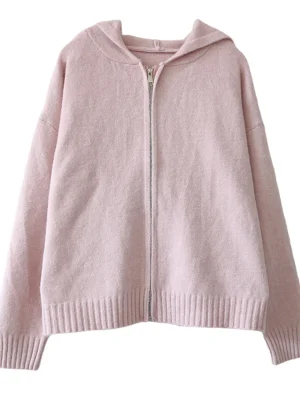 Pink Hooded Zipper Cardigan 2024 Korean Fashion