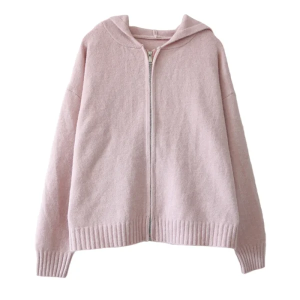 Pink Hooded Zipper Cardigan 2024 Korean Fashion