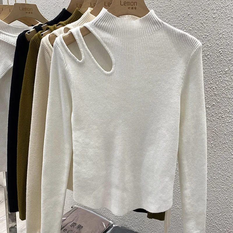 Hollow-out Turtleneck Knitted Women Sweater Ribbed Pullovers - Image 9