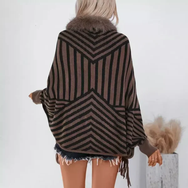 Fur Striped Poncho Cardigan Office Lady Batwing Sleeve Cape Knitted Shawl Sweaters - Image 4