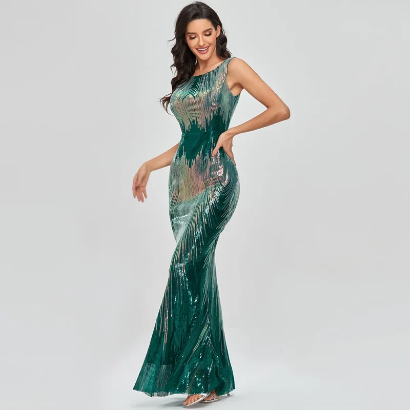 Sexy vintage Green Sequin Bodycon Maxi Party Dress - Image 3