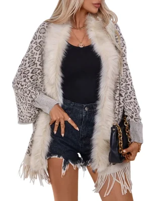 Women’s Leopard Print Fur Shawl Knitted Cardigan Jacket