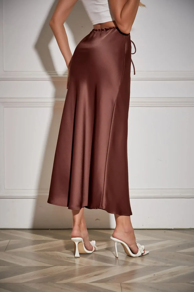 Summer Solid Color Satin Long Skirt For Women High Waist Lace-Up Fashion - Image 12