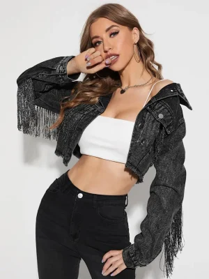 Streetwear Tassel Short Denim Jacket Women 2024