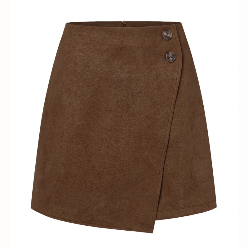 Winter Suede Irregular Skirt Solid Color High Waist Zipper Button - Image 3