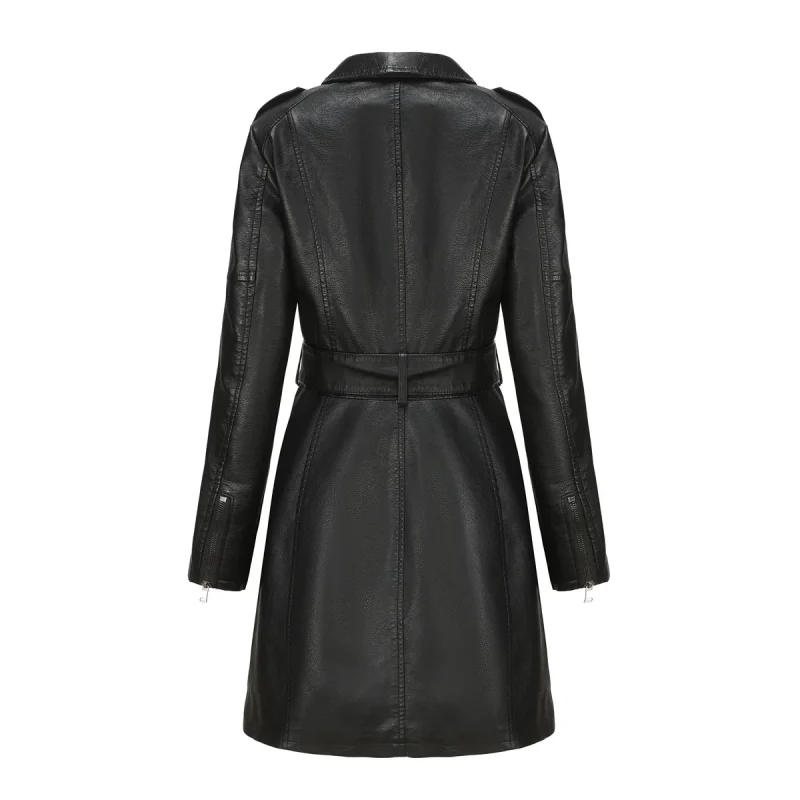 Long Leather Jacket With Belt For Women 2024 - Image 3