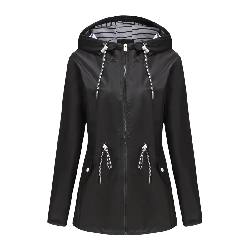 Women Outdoors Windbreaker Coat Black Raincoat Fall Long Sleeve Jackets - Image 2