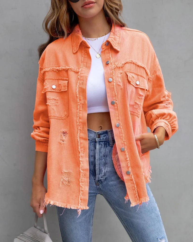 Loose Long Denim Jacket With Torn Holes Women Streetwear - Image 5