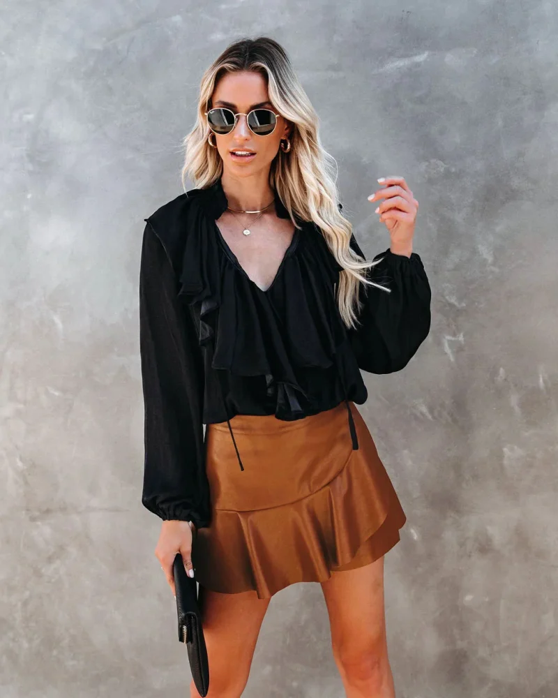 Summer High Waist Ruffled Irregular Pu Leather Skirts - Image 8