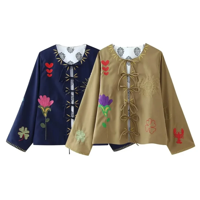 Elegant Embroidery Print Bow Lace Up Women Shirt