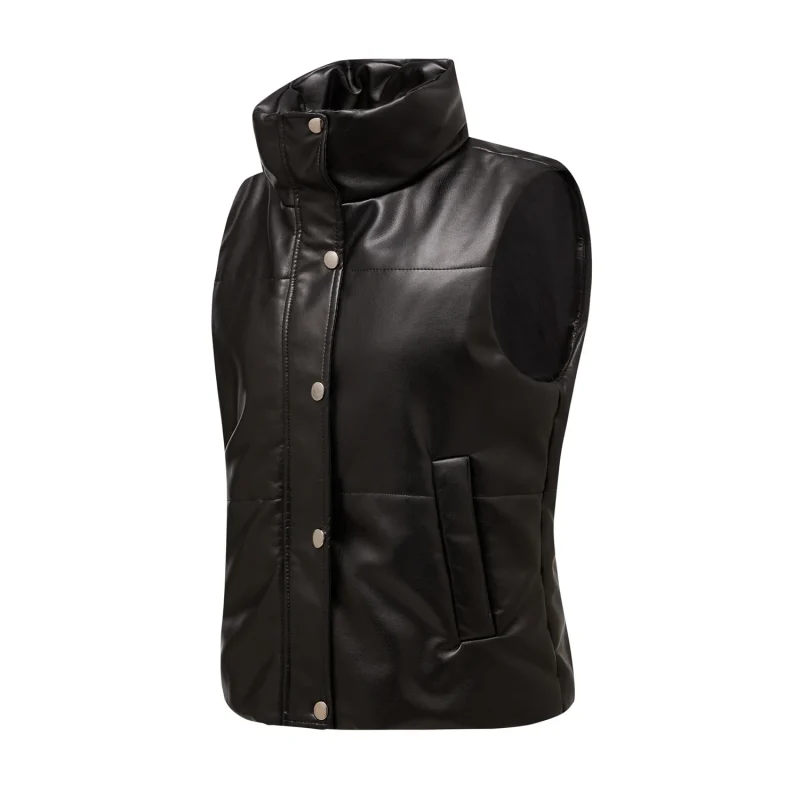 Winter Pu Leather Vest Cotton Coat Single Breasted Sleeveless Jackets - Image 12