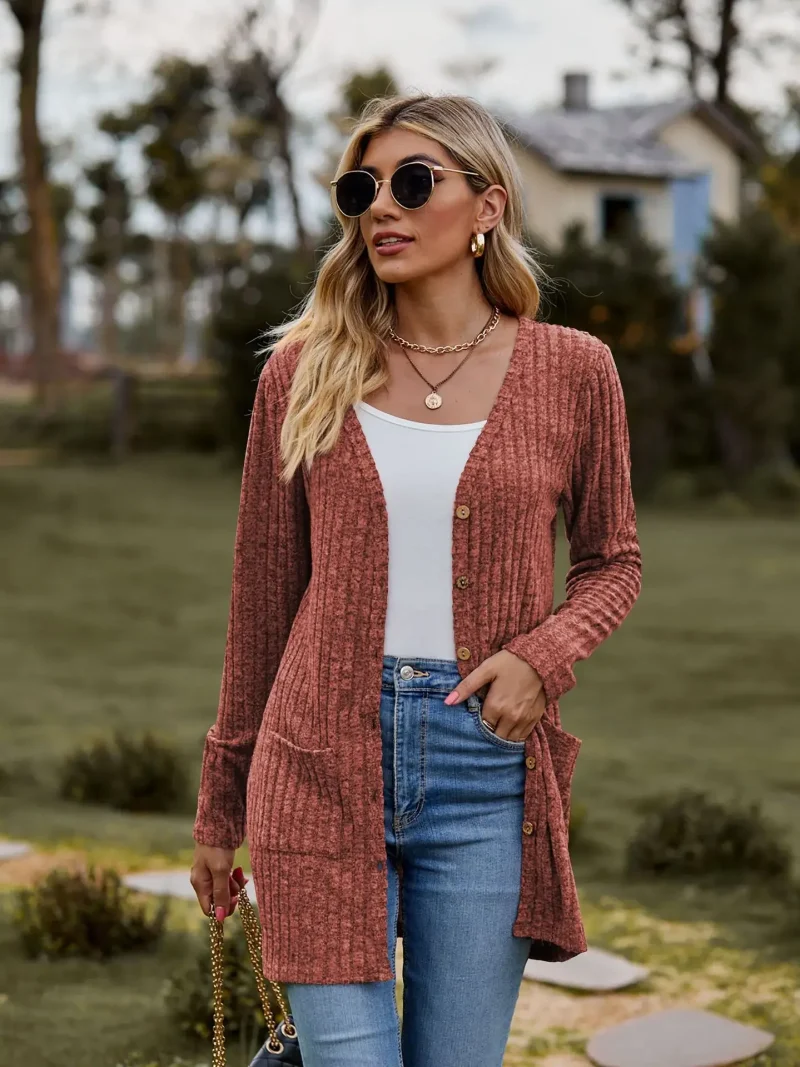 Women Long Cardigan Solid Sweater Outerwear - Image 14
