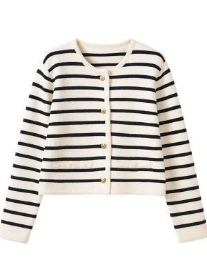 Women’s Spring Fall Long Sleeve O-Neck Sweater Striped Knitted Cardigan