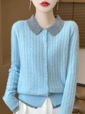 Women Polo Neck Cardigan 100% Merino Wool Sweater