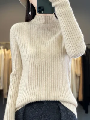 Wool Thickening Sweater Mock Collar Vertical Pit Strip Pullover