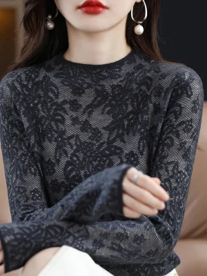 Long-Sleeved O-Neck Chic Top Wool Knit Sweater Women’s