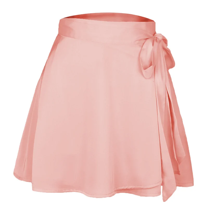 Women Summer High Waist Lace-Up Loose Casual Chiffon Satin Mini Skirt - Image 2