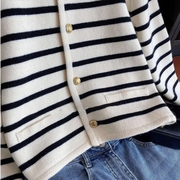 Women's Spring Fall Long Sleeve O-Neck Sweater Striped Knitted Cardigan - Image 5